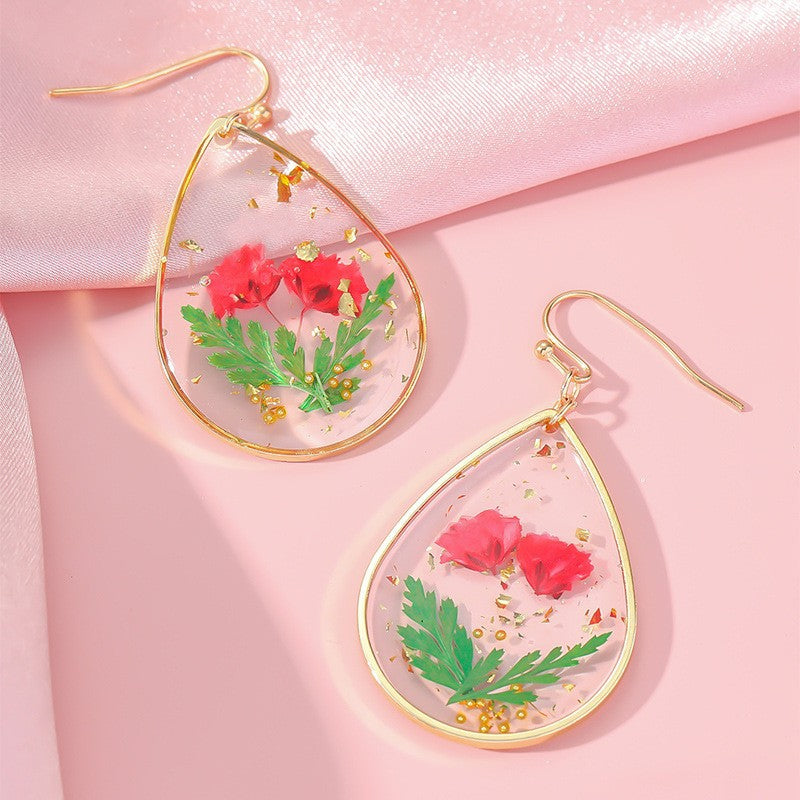 Wholesale Epoxy Leaf Eternal Red Dried Flower Earrings