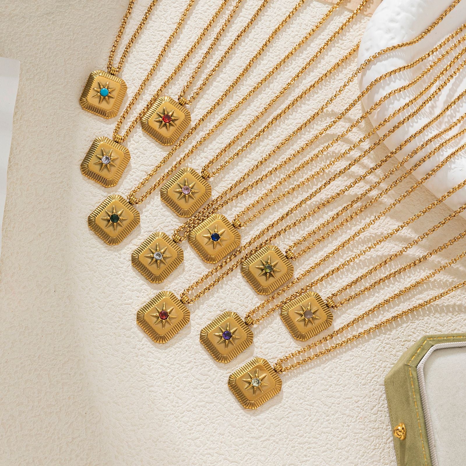 Wholesale 18K Gold Plated Eight Pointed Star Birthstone Pendant Necklace Sun Moon Star Charm Trendy Fashion Jewelry Accessory Boutique Resale Gift