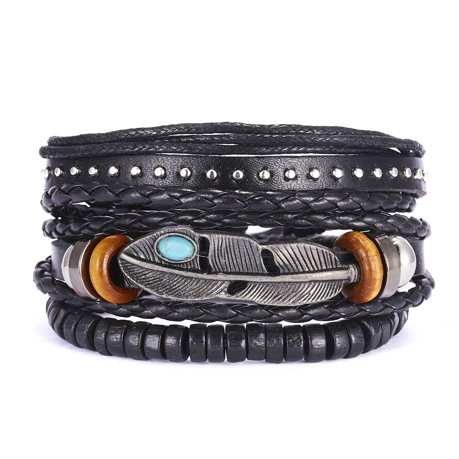 Wholesale leather suit bracelet leaves wooden beads woven leather adjustable suit bracelet