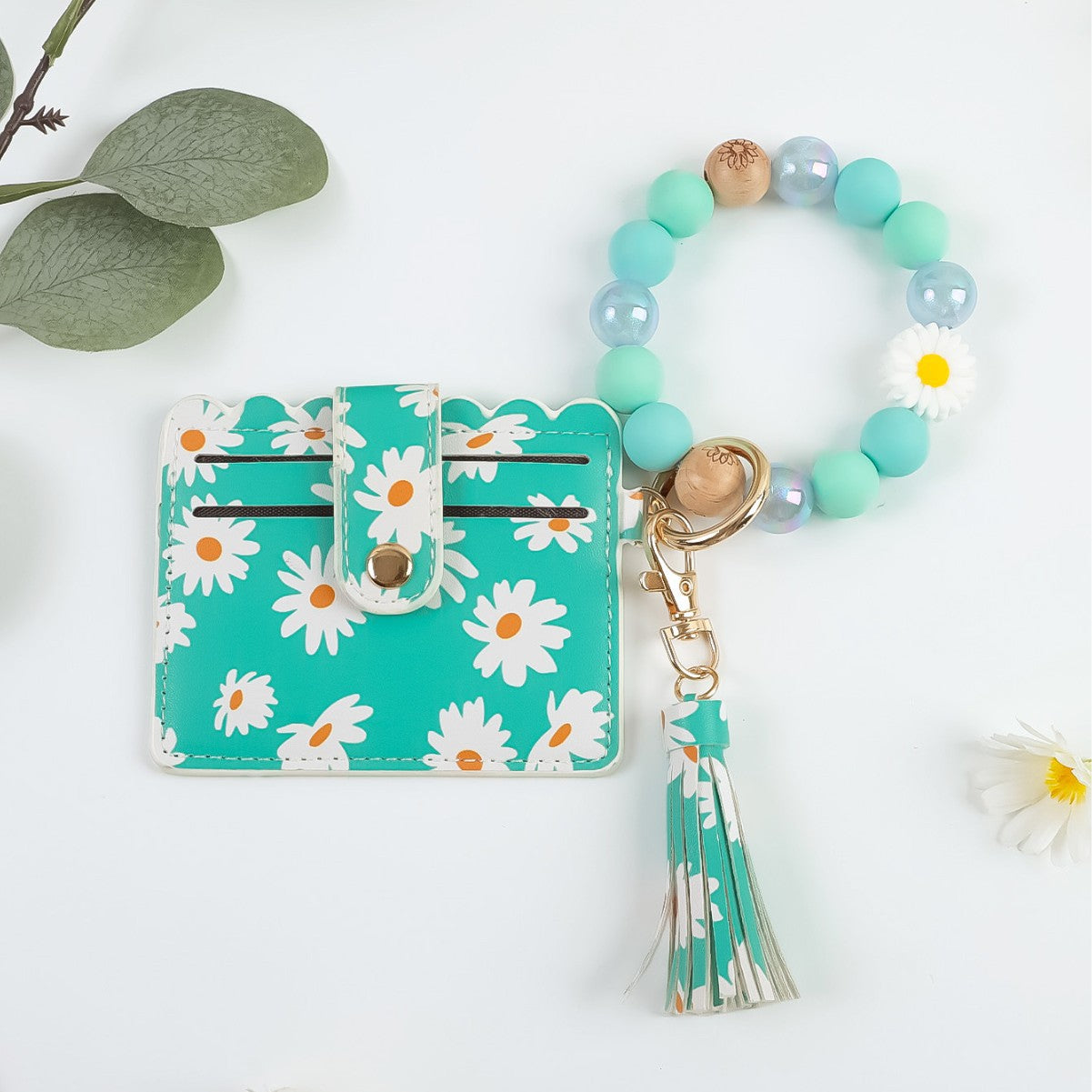 Wholesale Cute  Print Beaded Bracelet Keychain PU Leather Tassel Card Holder Pendant