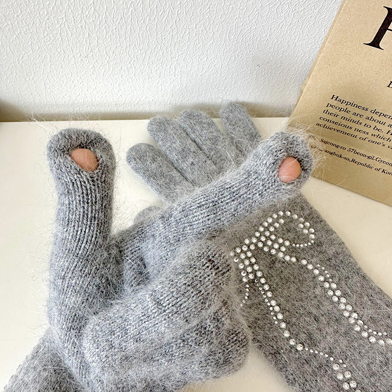 Wholesale Bright Diamond Bow Knit Long Touch Screen Warm Split Finger Gloves