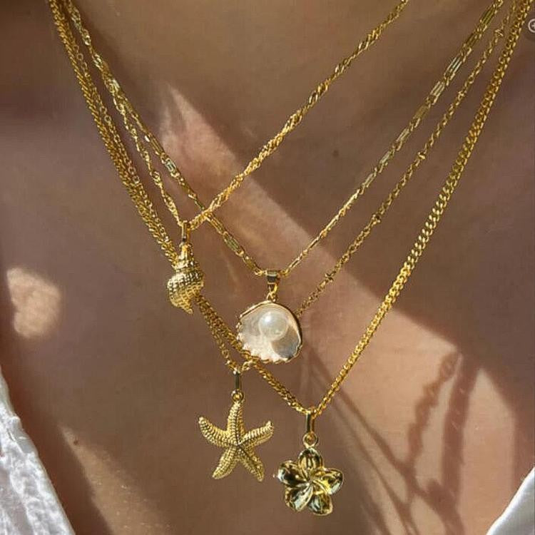 Wholesale Trendy Multi Layer Shell Starfish Necklace Beach Collarbone Chain Boutique Resale Jewelry Accessory