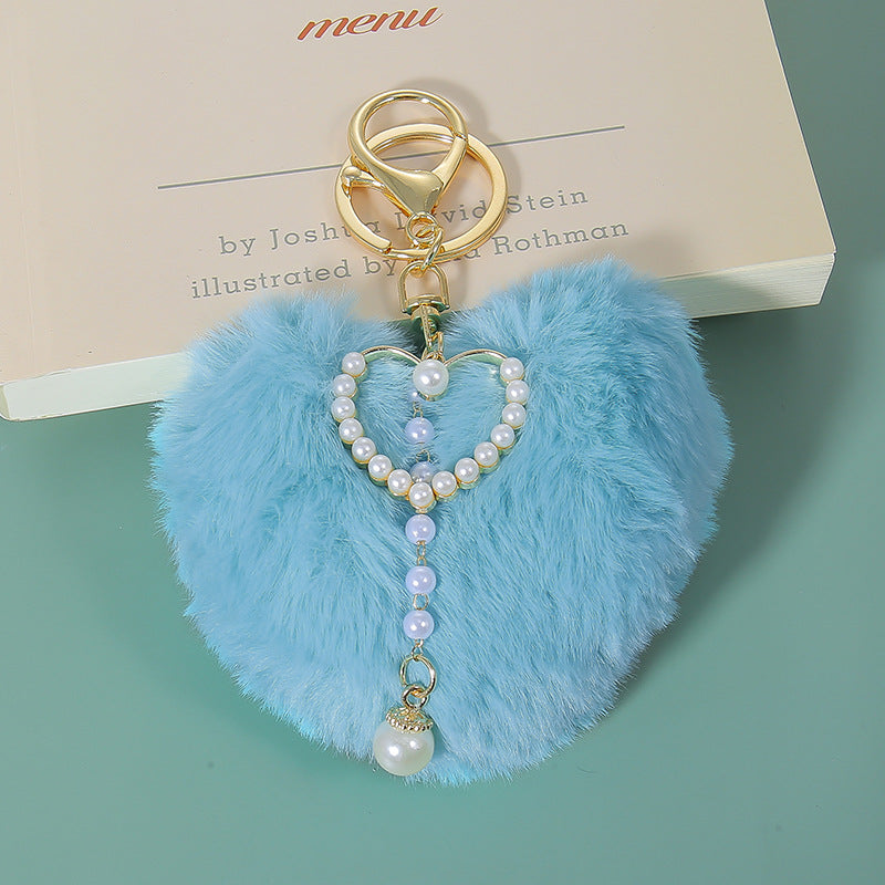 Wholesale Plush Peach Heart Pearl Love Heart Pom-Pom Keychain