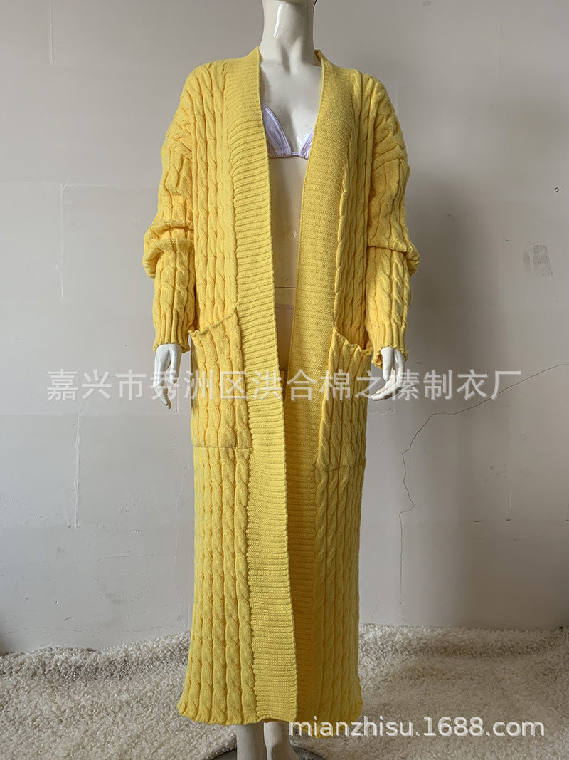 Wholesale Long Knitted Sweater Jacket Cardigan Pocket Long Sweater Thickened Jacket