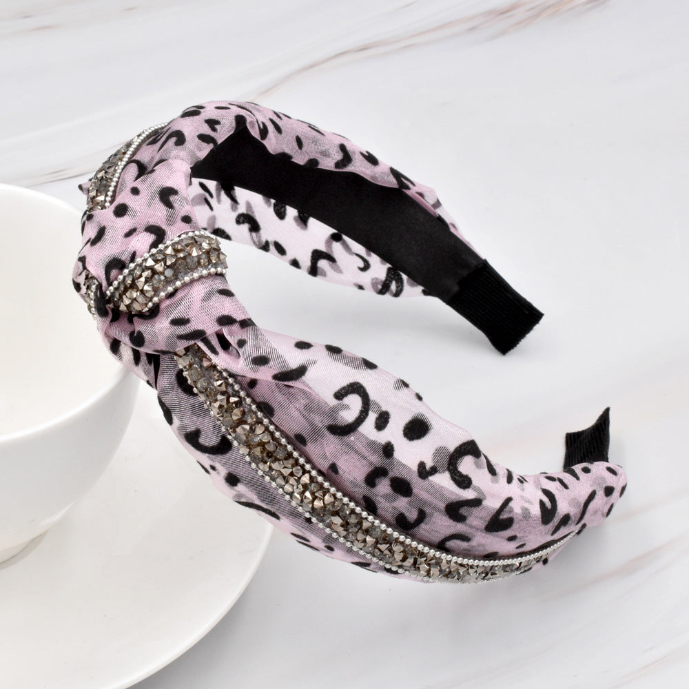 Wholesale Rhinestone with Mesh Leopard Pattern Fabric Knots and Hoops