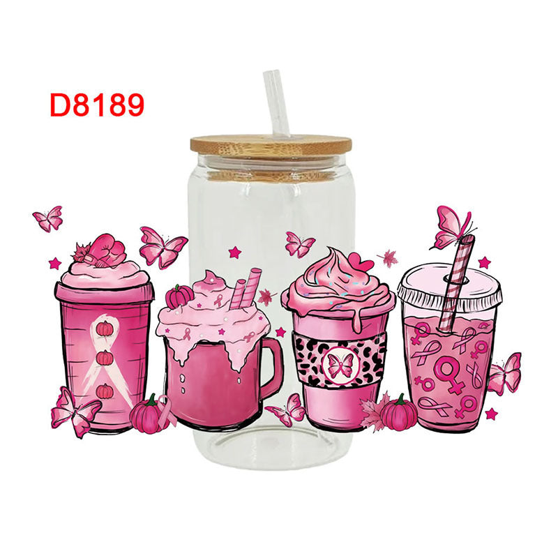 Wholesale Pink Cartoon Cute Anti-Cancer Theme 16oz Cup UV DTF Wraps