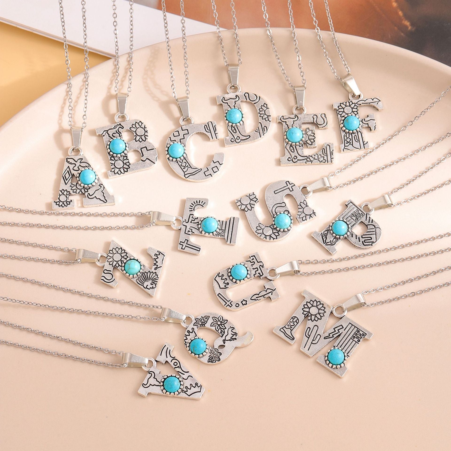 Wholesale Western stainless steel chain cactus turquoise letter necklace
