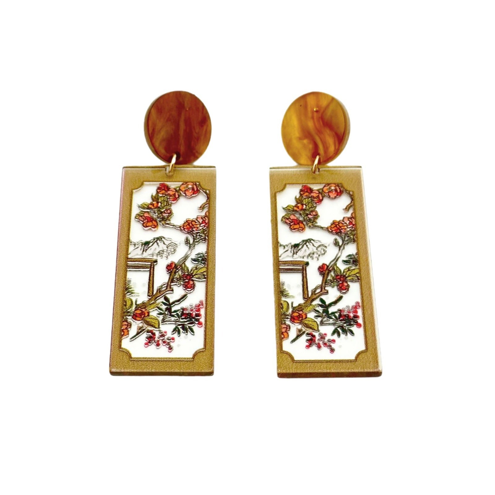 Wholesale Chinese Style Bamboo Flower Standing Print Acrylic Earrings