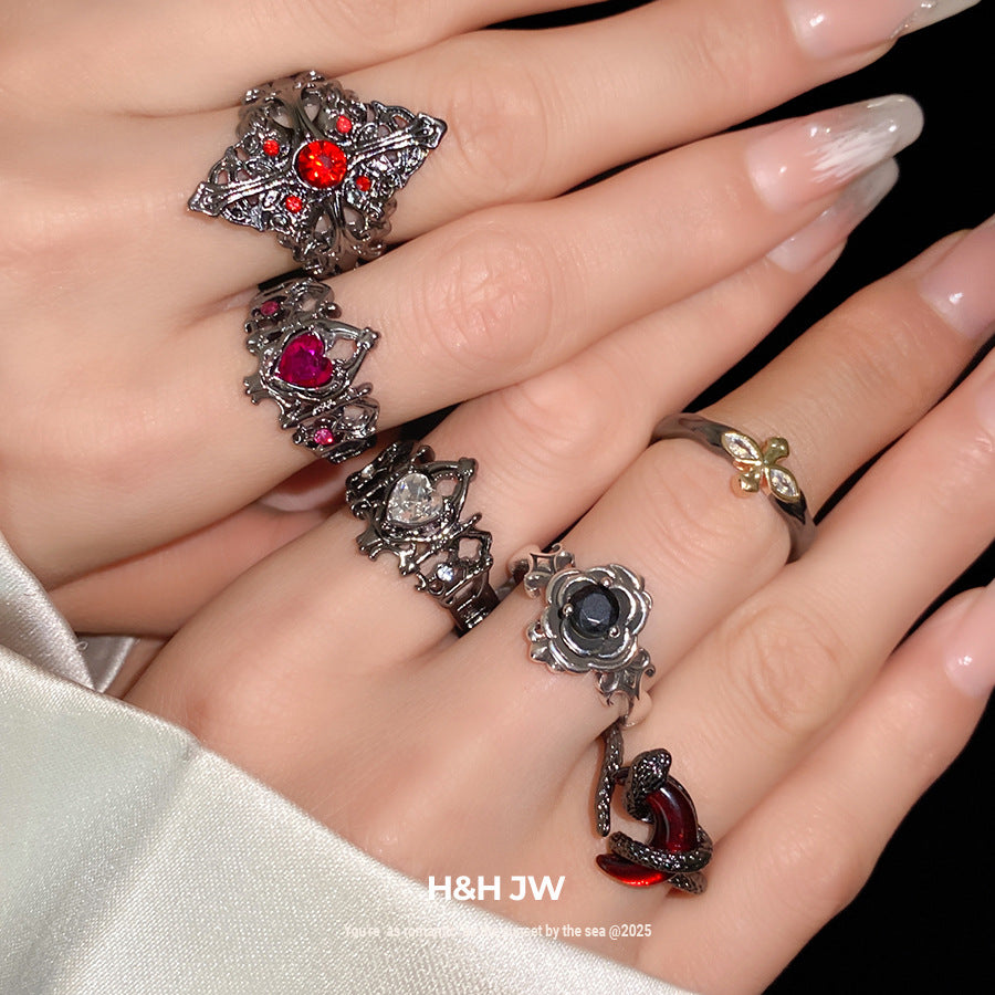 Wholesale Diamond Hollow Heart Crown Gothic Style Open Ring