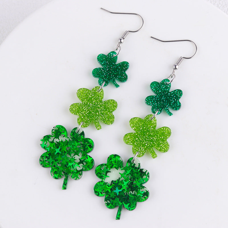 Wholesale Shamrock  St.  Patrick Glitter Lucky Grass  Acrylic Earrings
