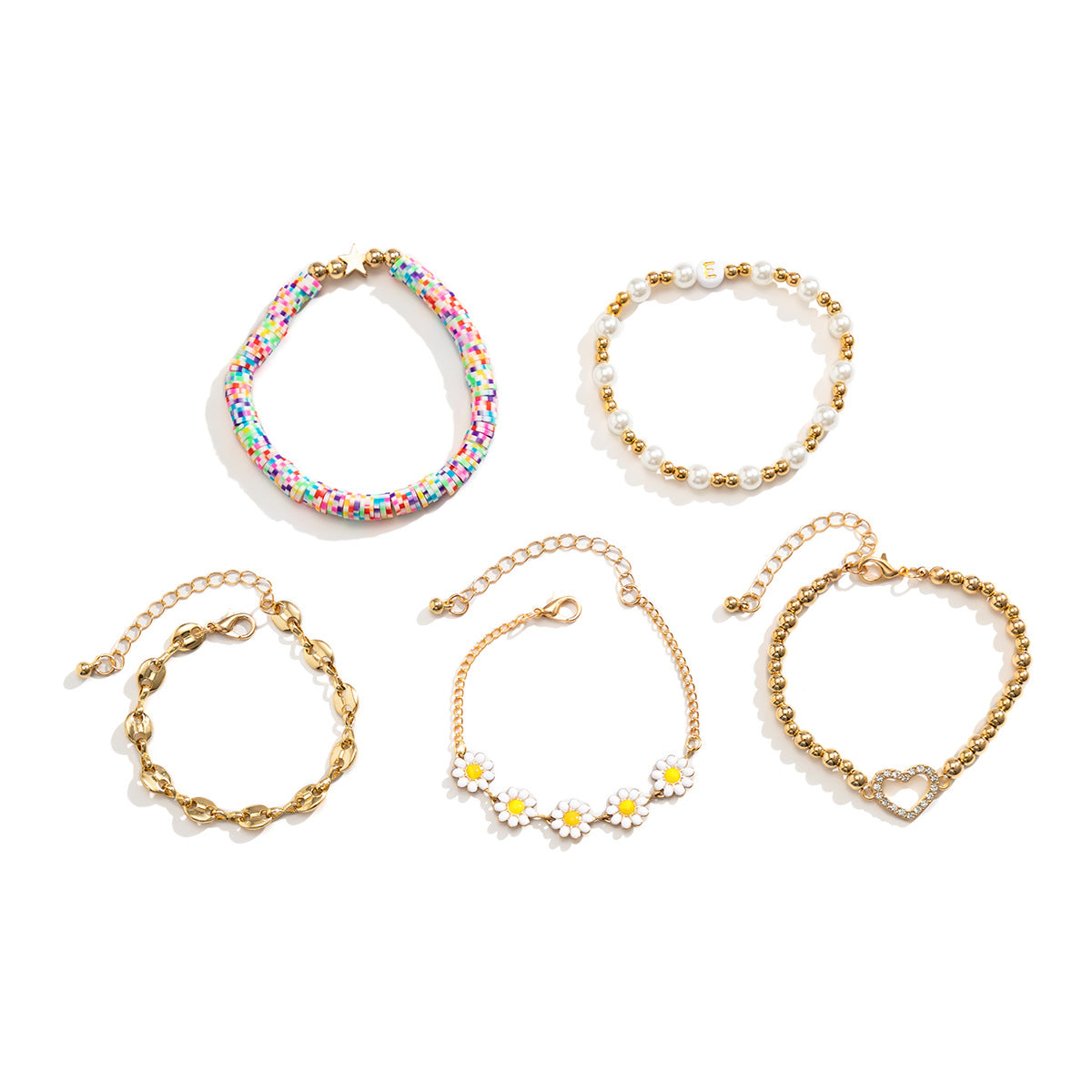 Viento de metal al por mayor Pig Bead Cadena de cuentas de color margarita pequeña Conjunto de pulsera de cerámica suave