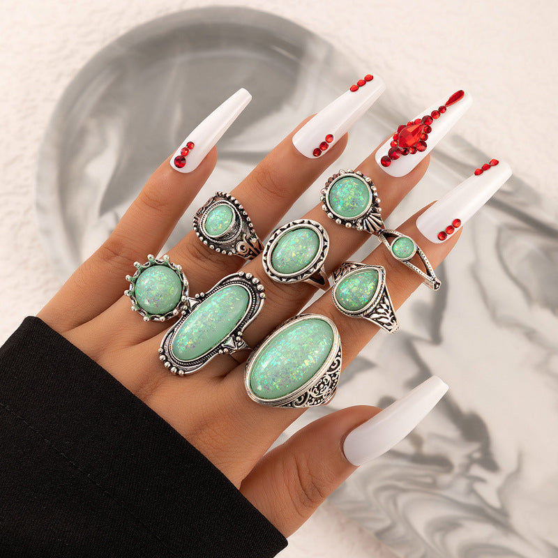 Wholesale  national style ring geometric gem drop shaped joint ring eight piece set