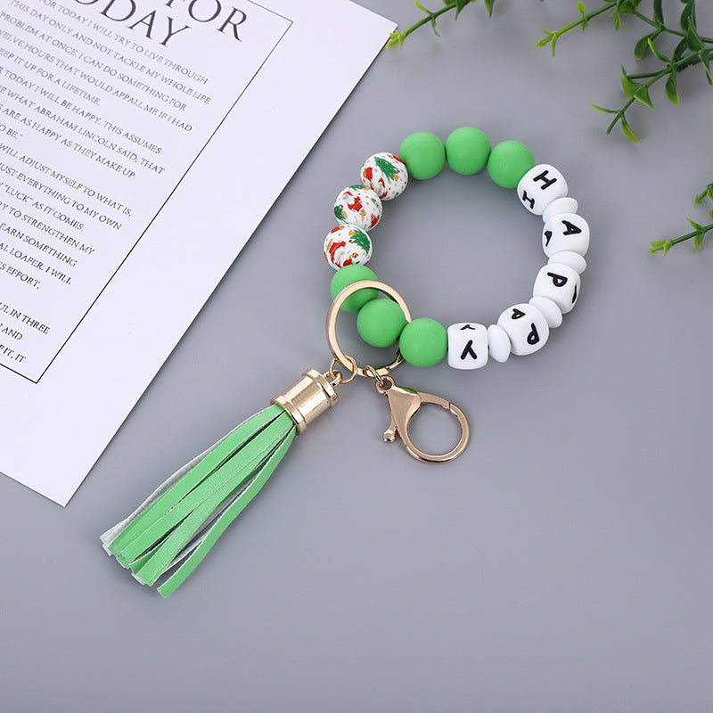 Wholesale Christmas New Silicone Beads PU Tassel Wooden Beads Bracelet Keychain