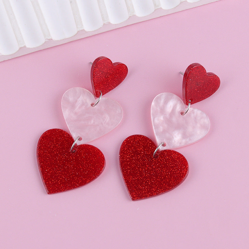 Wholesale Asymmetric long triple heart Acrylic Earrings