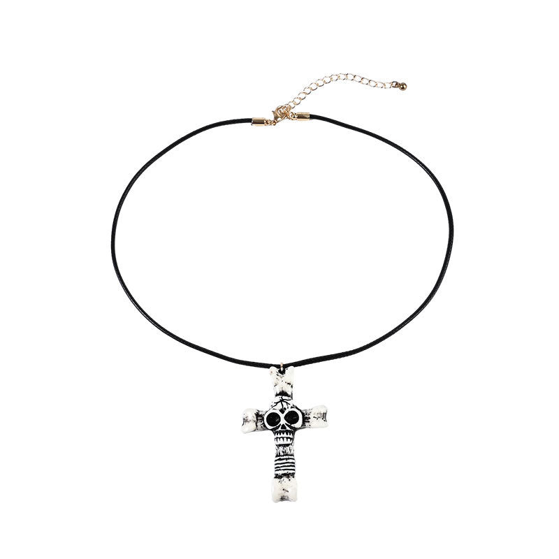 Wholesale Wooden Cross Halloween Skull Resin Necklace