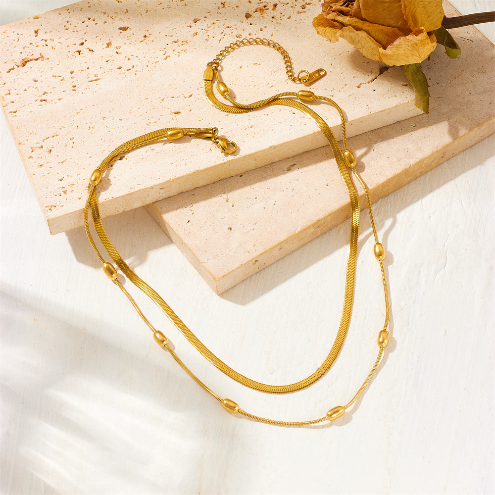 Wholesale Rice Grain Bead Blade Chain Double Layer Stacked Titanium Steel Necklace