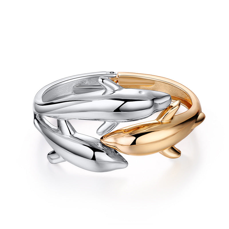 Wholesale Three Headed Dolphin Double Color Block Open Spring Bracelet