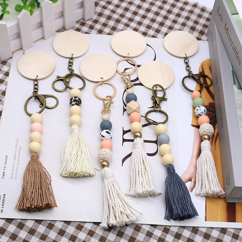 Wholesale Round Wood Chips Strung Tassel Keychain