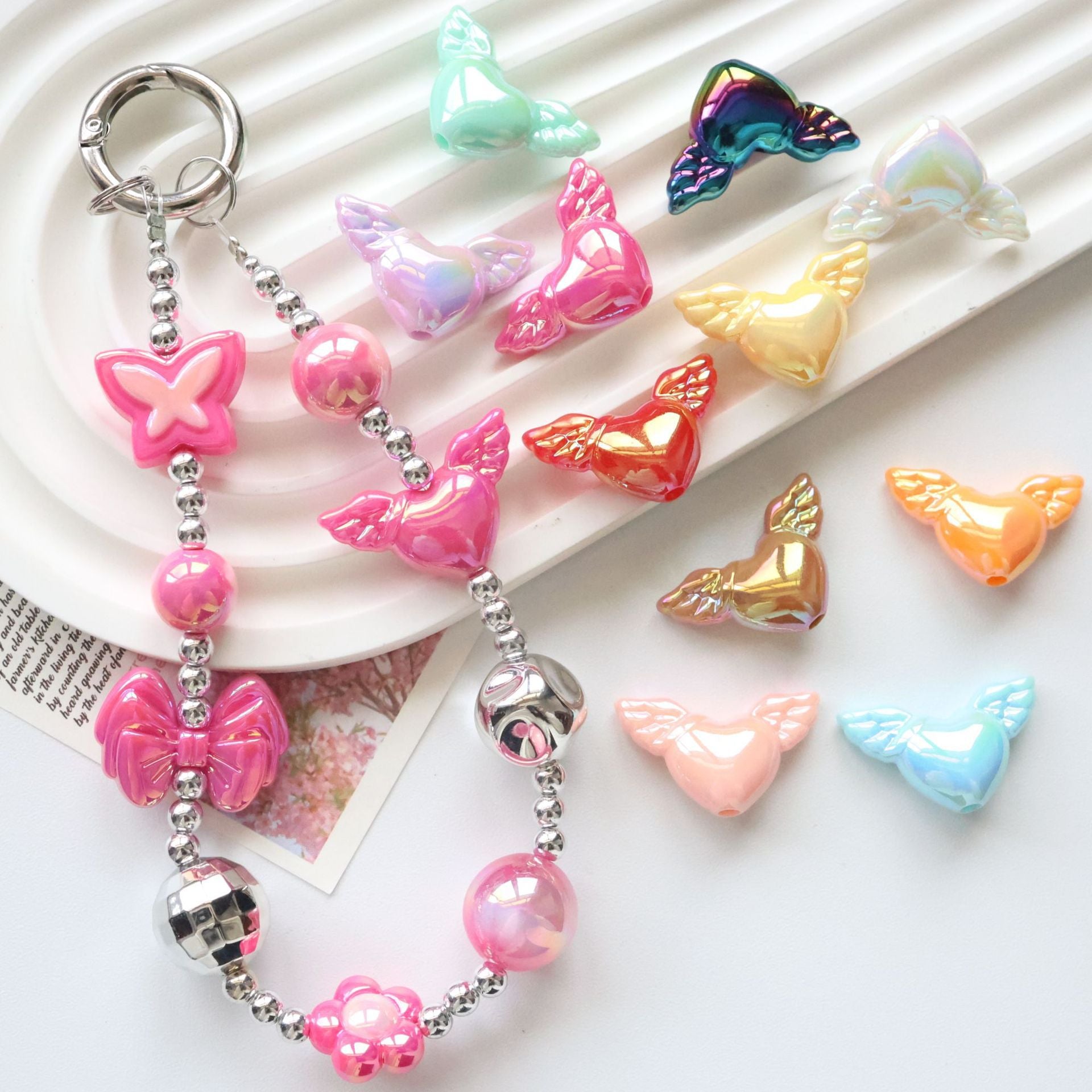 Wholesale 10pcs Colorful UV acrylic angel wings heart DIY Beads