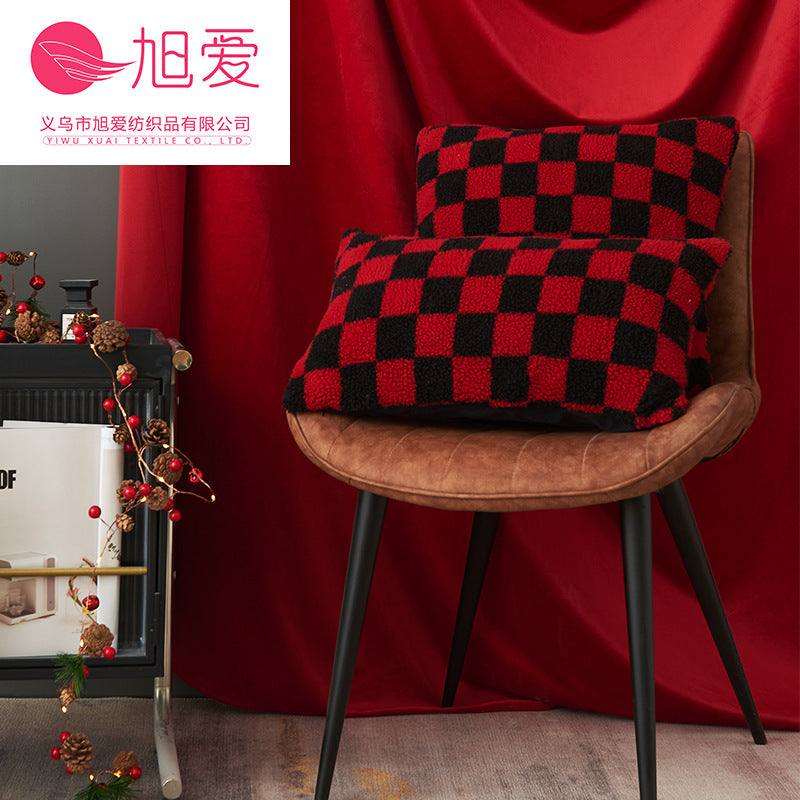 Wholesale Christmas red,  black,  and white checkerboard faux lambskin pillowcase