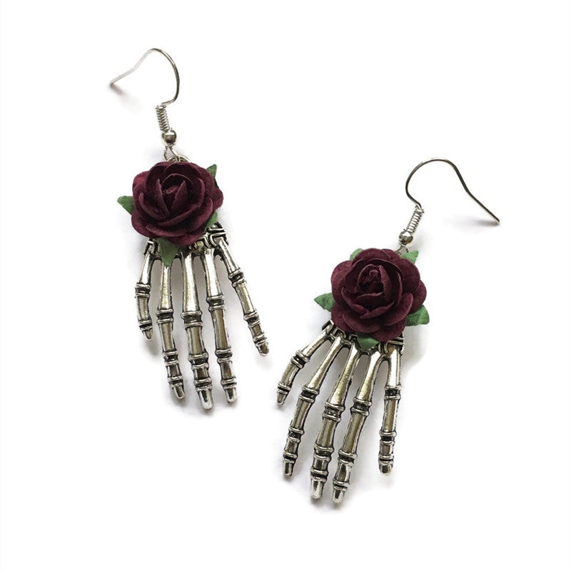 Wholesale Skeleton Hand Red Rose Gothic Alloy Earrings