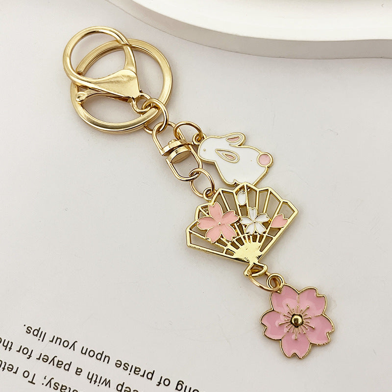 Wholesale Cute and Sweet Cherry Blossom Fan Keychain Girl's Best Friend Fresh Key Ring Bag Pendant Accessories Gift