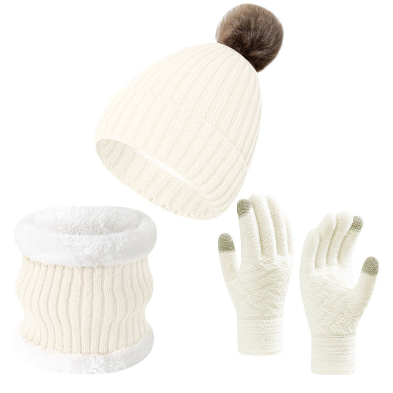 Wholesale Knitted Wool Warm Plus Velvet Thick Winter Scarf Gloves Hat Neck Three-piece Set