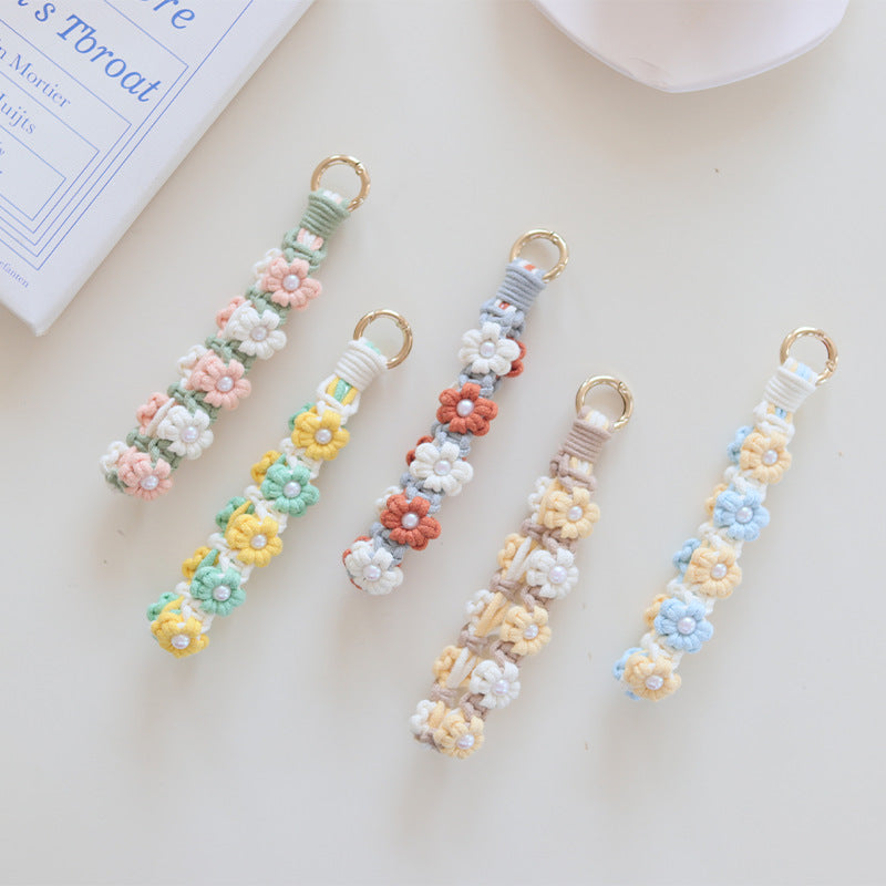 Wholesale Hand Woven Daisy Pearl Flower Cotton Rope Keychain