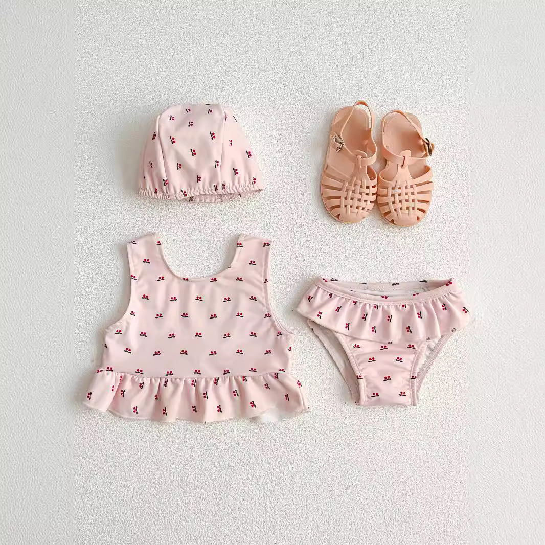 Wholesale Girls swimsuit cute cherry print swimsuit split three piece set