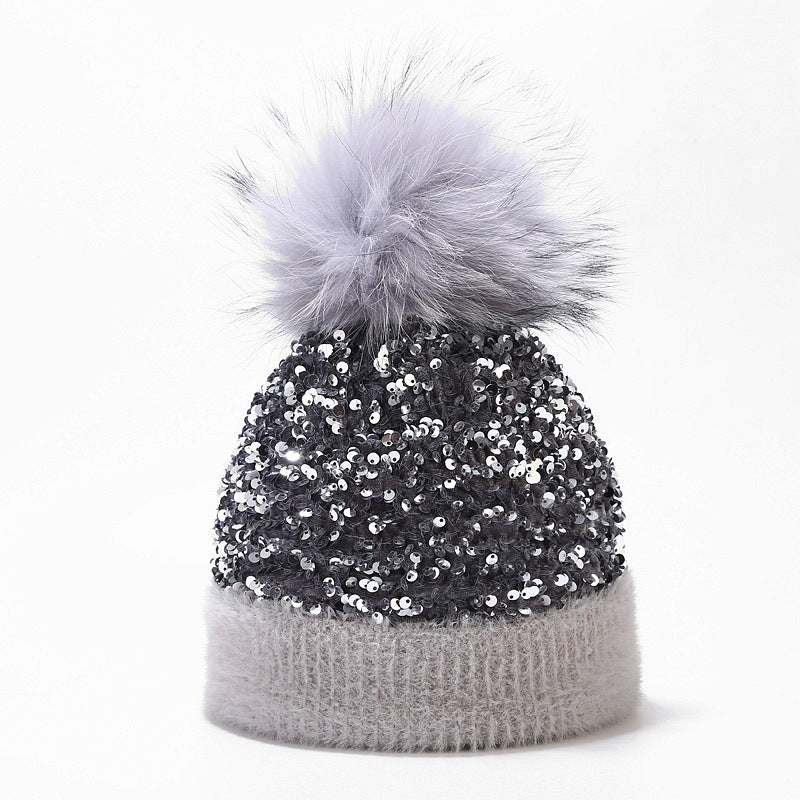 Wholesale Dyed Raccoon Fur Ball Sequin Warm Knitted Hat