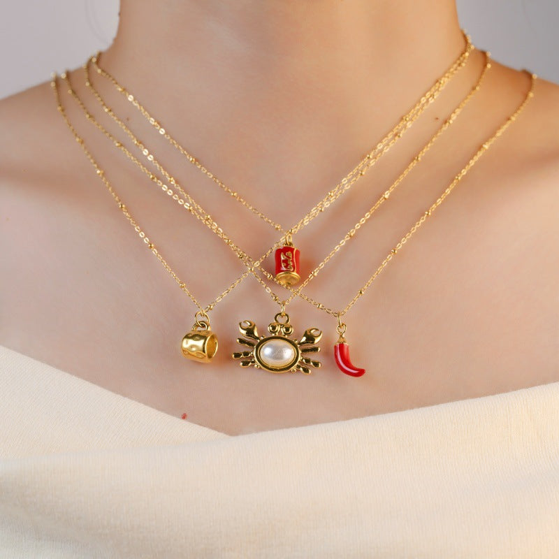 Wholesale Three-Dimensional Chili Crab Stainless Steel Oil Drop Necklace