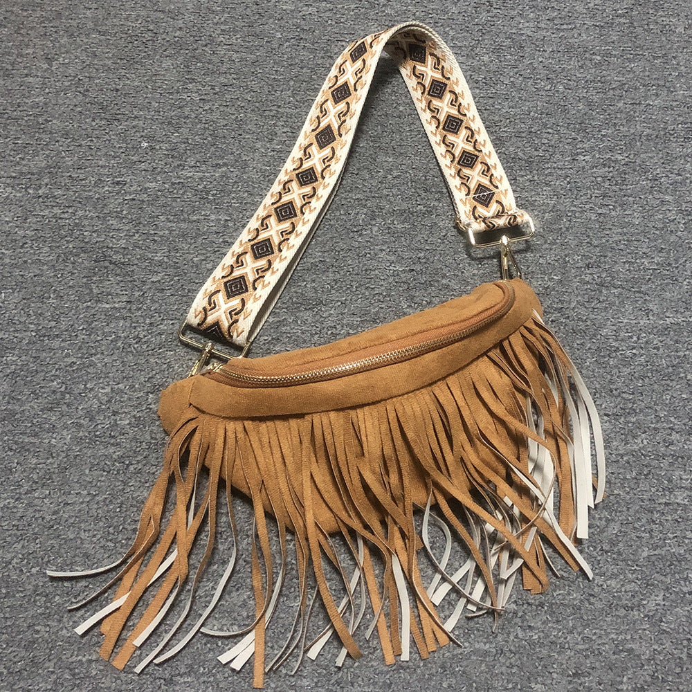 Wholesale Retro Ethnic Style Wide Shoulder Strap Detachable Tassel Bag PU Crossbody Bag