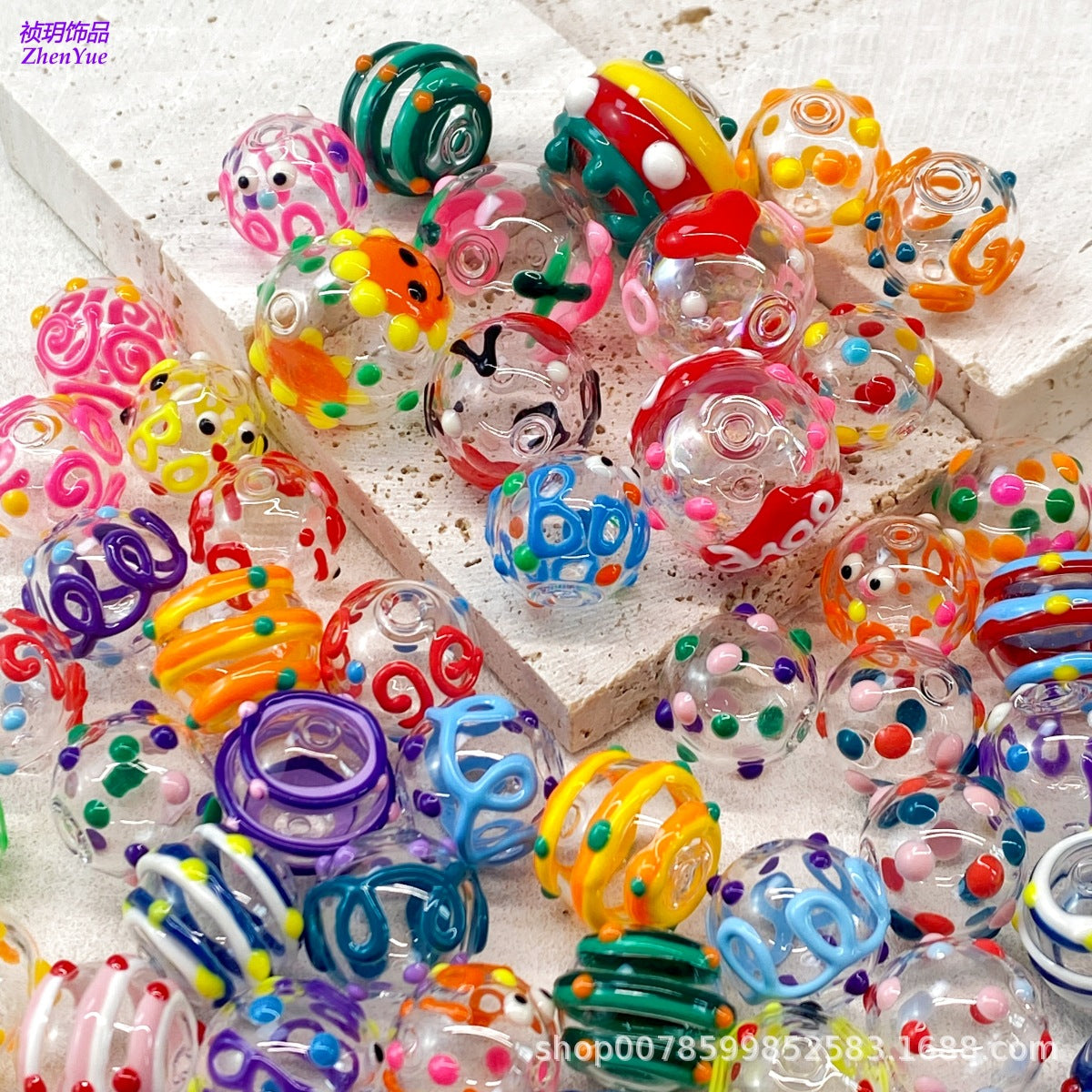 Wholesale 10pcs Transparent hollow glass heart-shaped polka dot hand-painted flower beads
