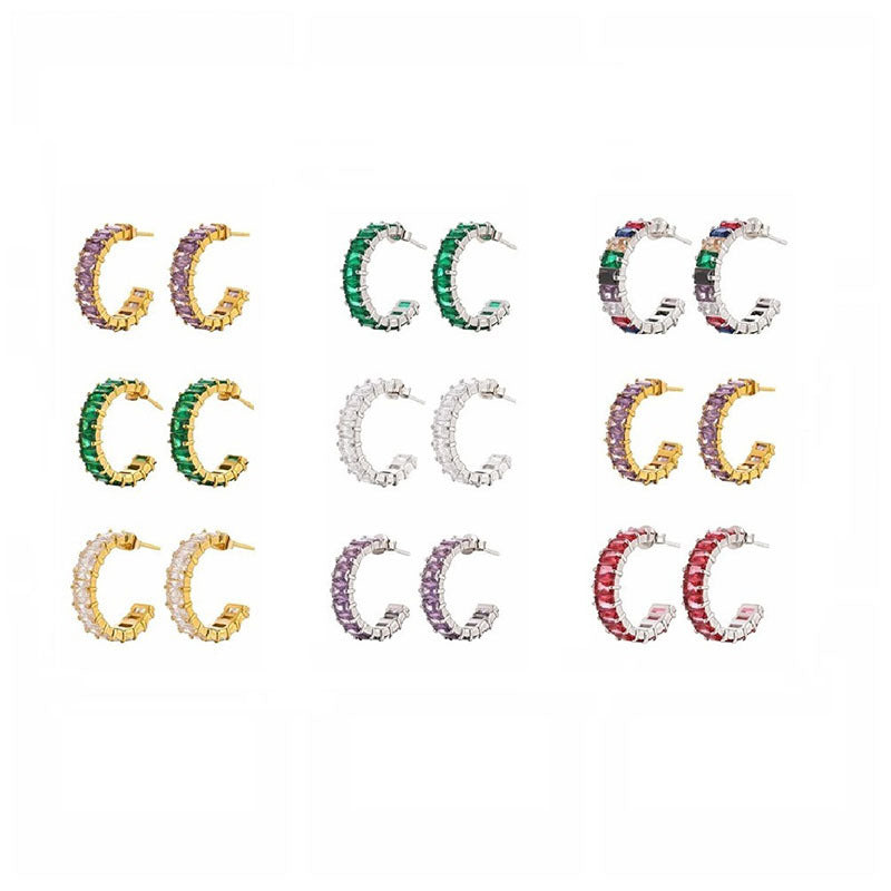 Wholesale Colored Zircon Stainless Steel Gold Plated C Shape Earrings