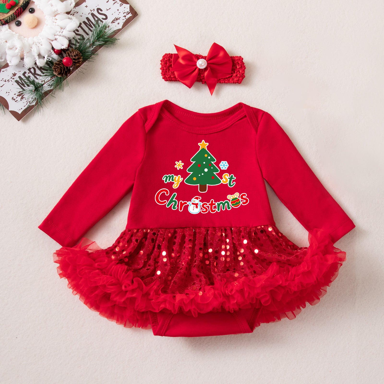 Wholesale Red Long Sleeve Sequin Tulle Baby Girl Christmas Dress Set With Hairband Leg Warmers Boutique Holiday Outfit