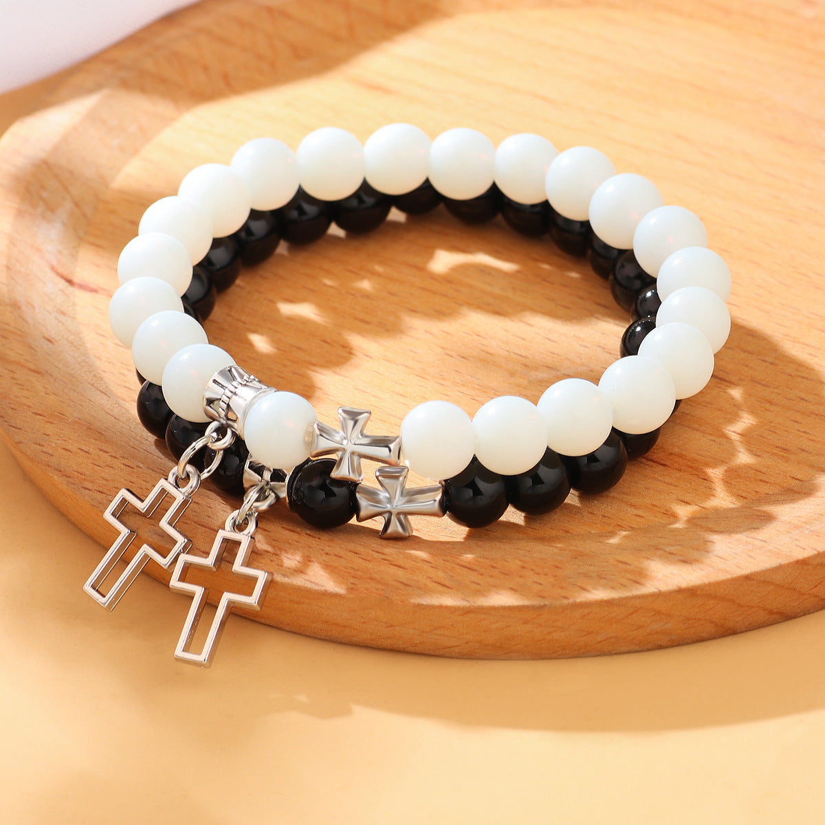 Wholesale Stainless Steel Hollow Cross Glass Beaded Bracelet