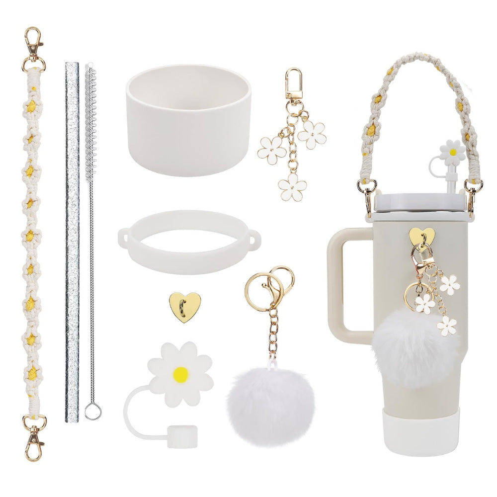 Wholesale Colorful straw accessories handmade cup chain plush love flower set