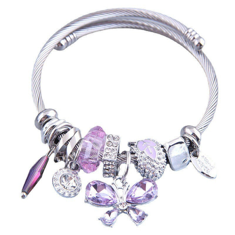 Wholesale Stainless Steel Open Butterfly Crystal Tassel Crystal Beads Beaded Bracelet