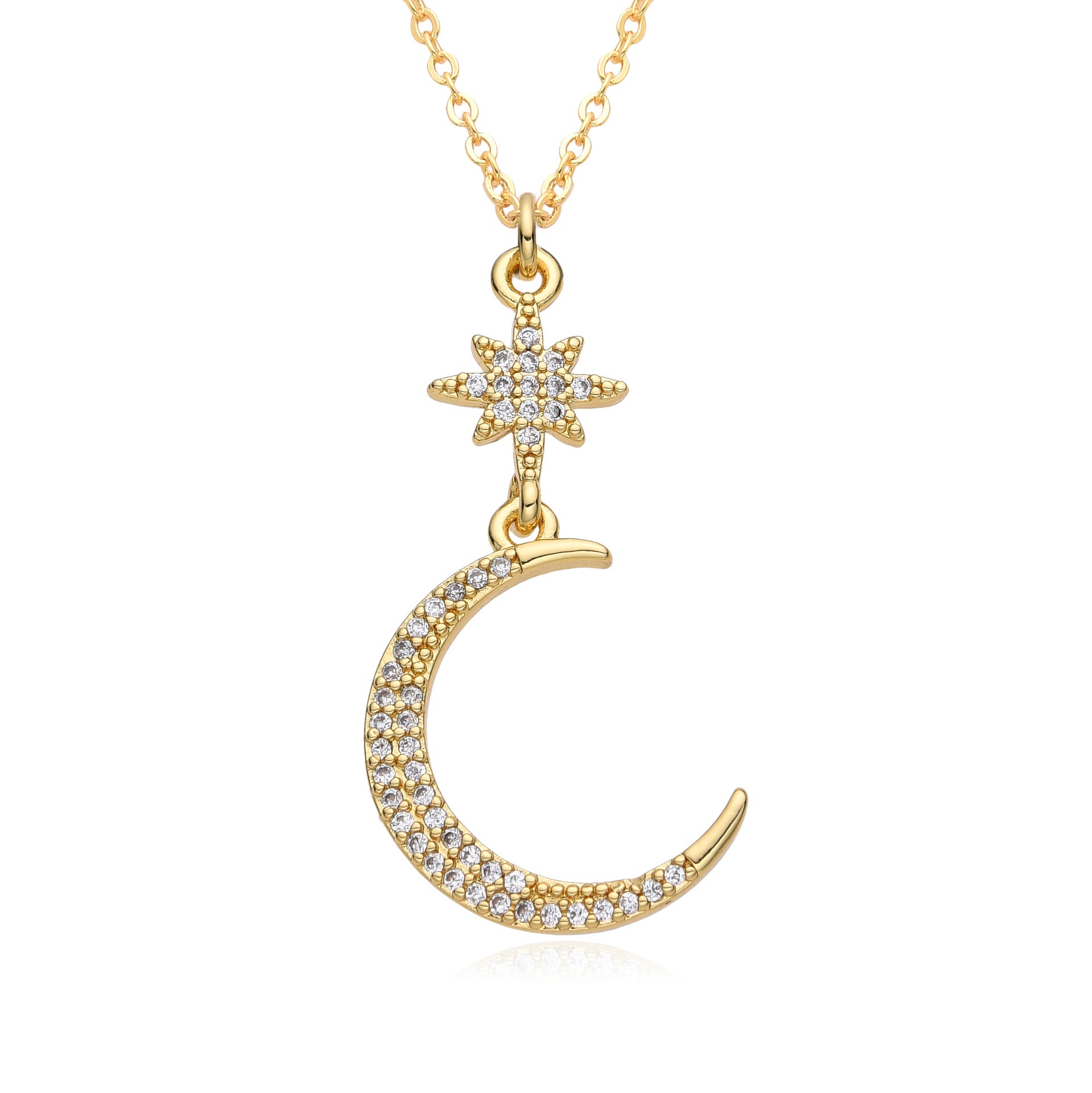 Wholesale Copper Plated 18K Gold Colored Zircon Moon Love Necklace