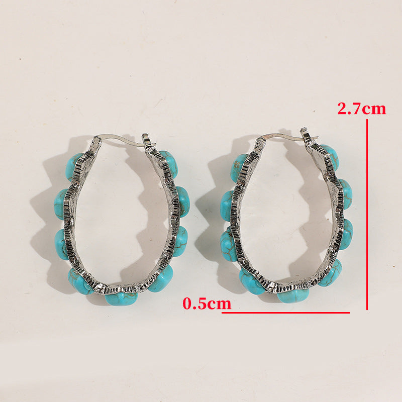 Wholesale Retro Western Turquoise U Shaped Ethnic Earrings Silver Tone Alloy Everyday Wear Jewelry For Women