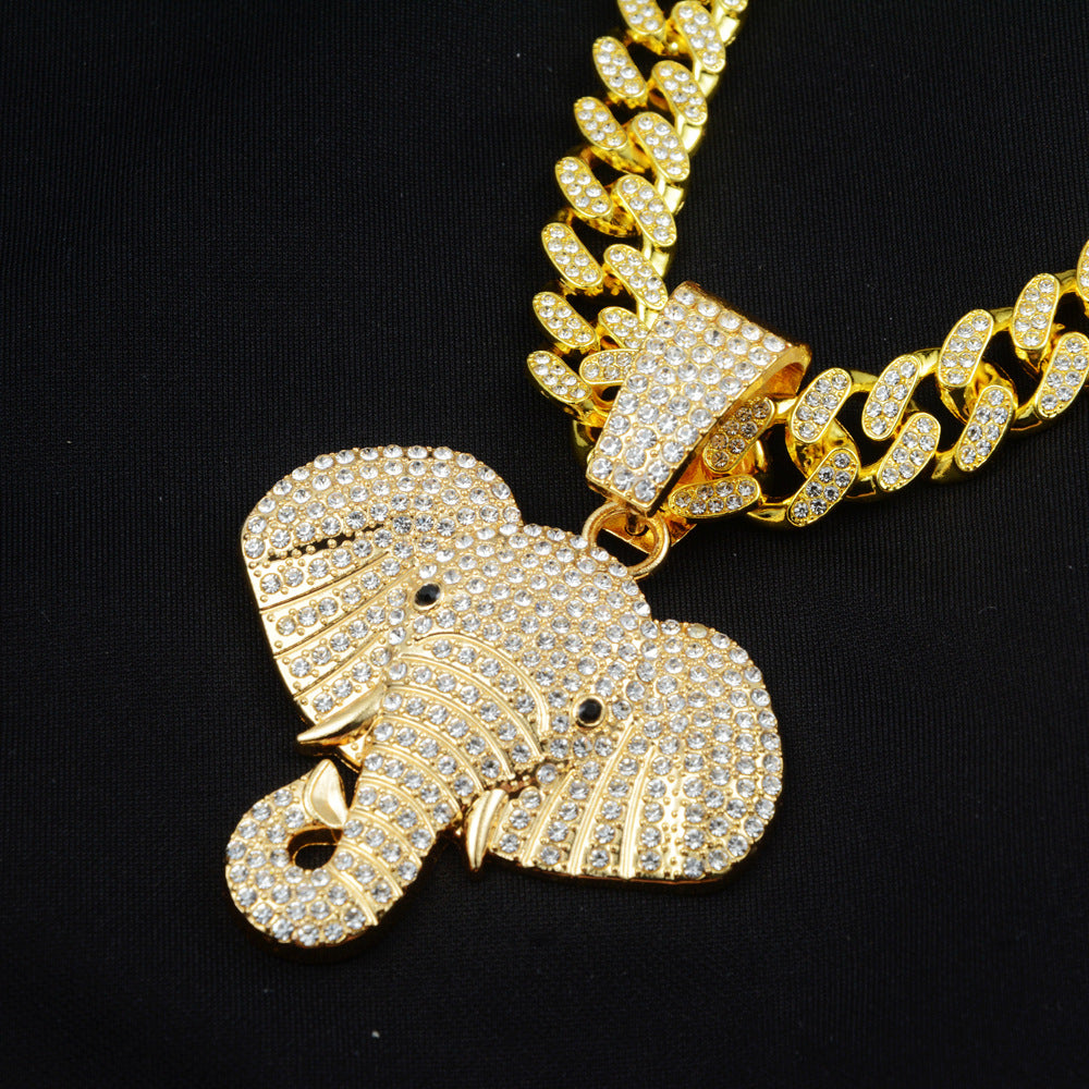 Wholesale Full Diamond Elephant Cuban Chain Necklace Zinc Alloy Handmade Jewelry Trendy Fashion Accessory For Gift Boutique Resale