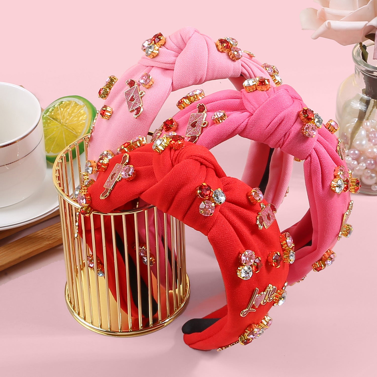 Wholesale Elegant Peach Heart Letter Headband Wide Side High Cranial Top Holiday Headwear