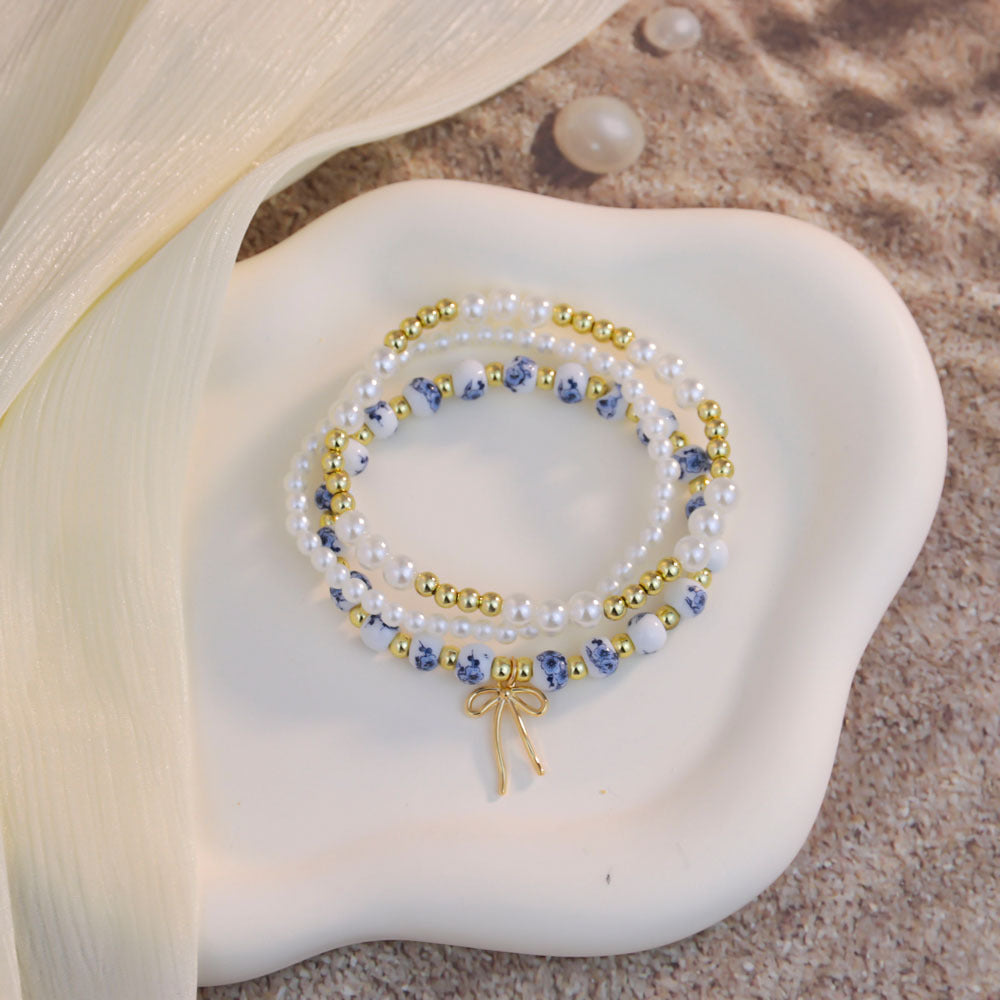 Wholesale Bohemian Blue and White Porcelain Bow Layered Bracelet Set
