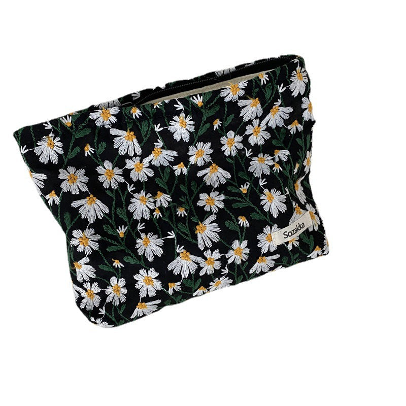Wholesale Large Capacity Cotton Embroidered Daisy Flower Cosmetic Bag