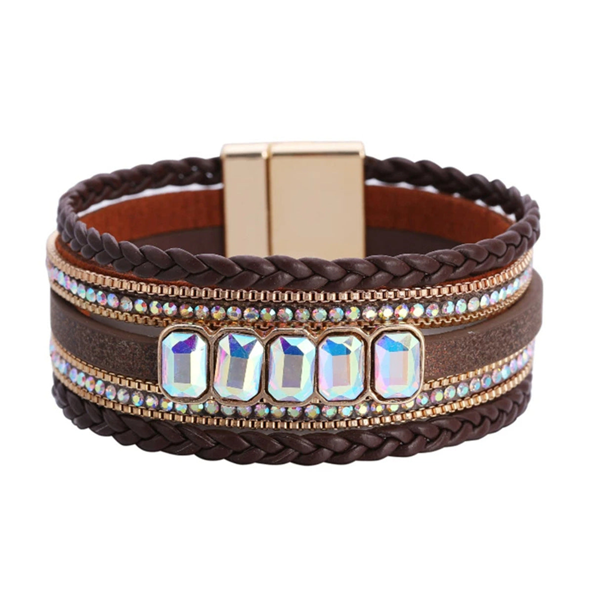 Wholesale Bohemian Rhinestone Multi-Layered Hand-Woven Leather Bracelet