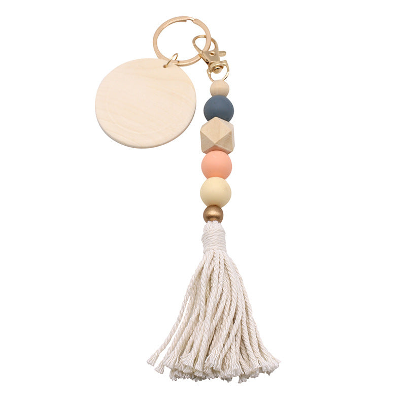 Wholesale Round Wood Chips Strung Tassel Keychain
