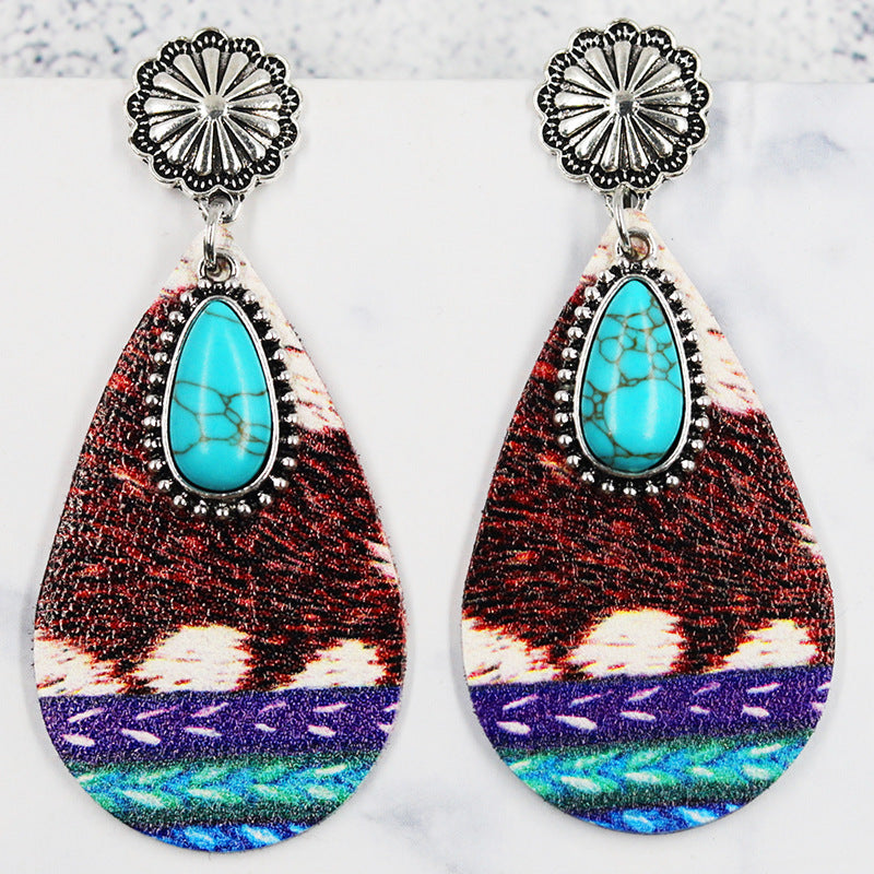 Wholesale Teardrop Leather Turquoise Vintage Ethnic Fashion Western Bohemian Earrings