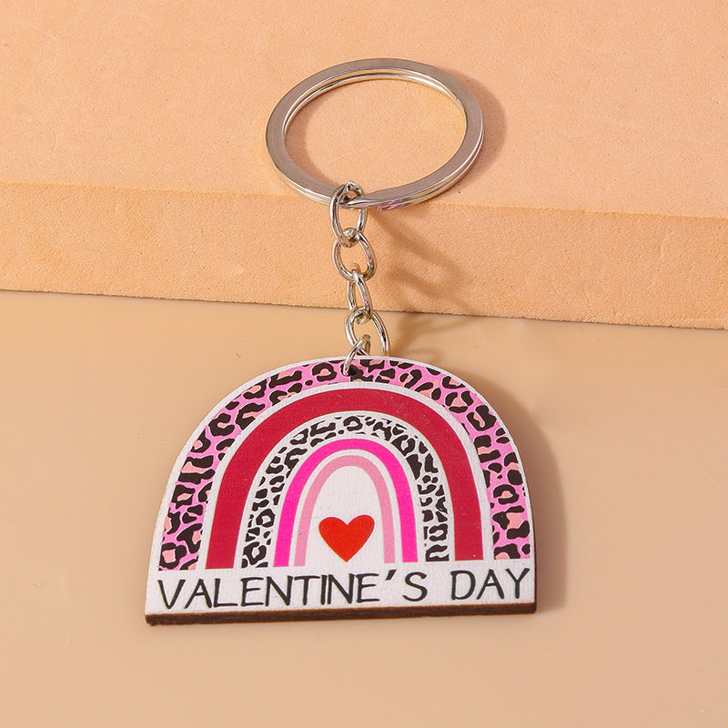 Wholesale Wooden Valentine's Day Rainbow Heart Pink Keychain