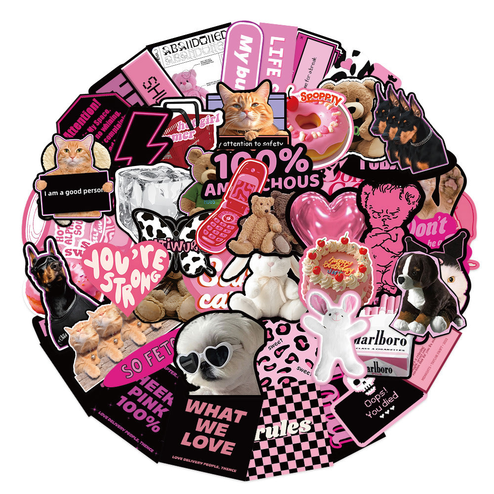 Wholesale 55pcs pink and black English cartoon Waterproof Vinyl Stickers