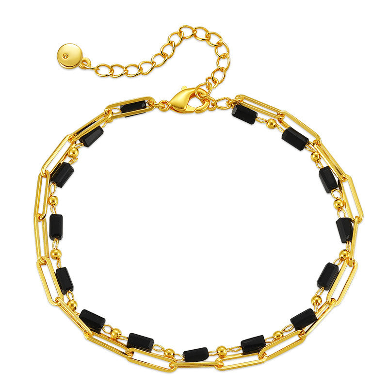 Wholesale Paper Clip Chain Black Glass Diamond Multi-layer Copper Plated 18K Real Gold Bracelet